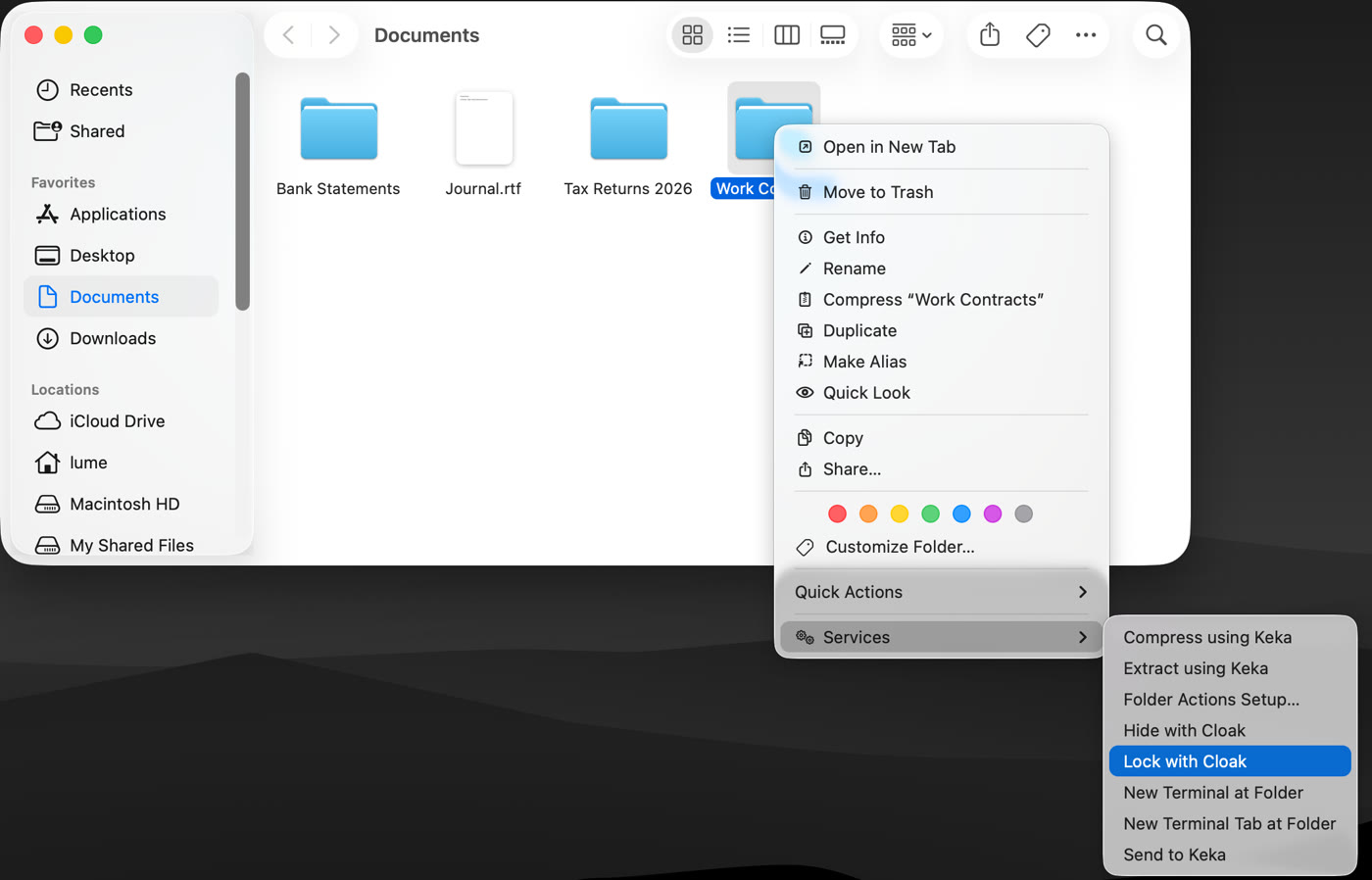 Lock with Cloak and Hide with Cloak in Finder’s right-click Services menu
