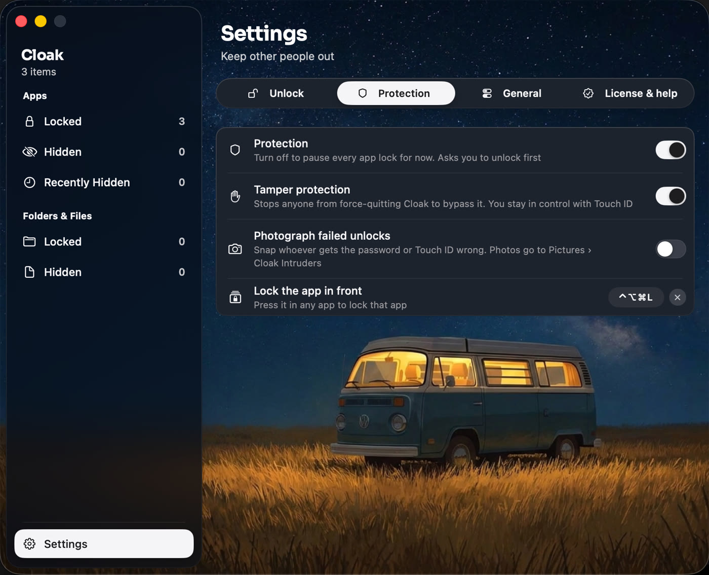 Lock the app in front in Cloak settings, set to Control Option Command L