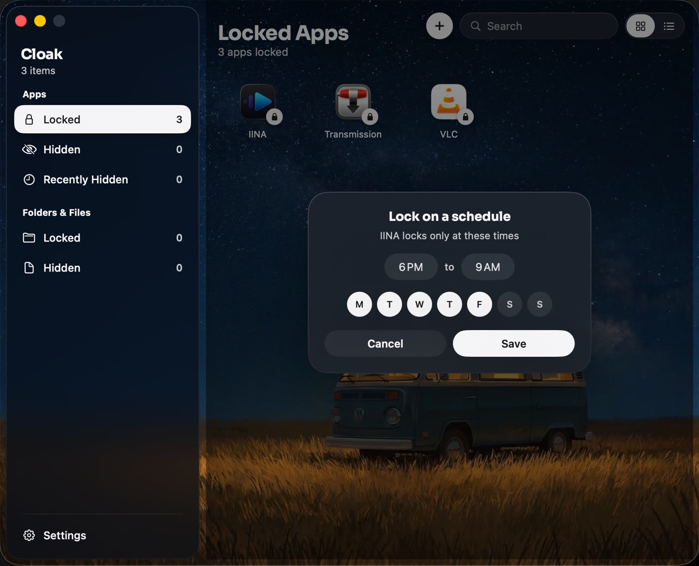 Lock on a schedule in Cloak: 6 PM to 9 AM, Monday to Friday